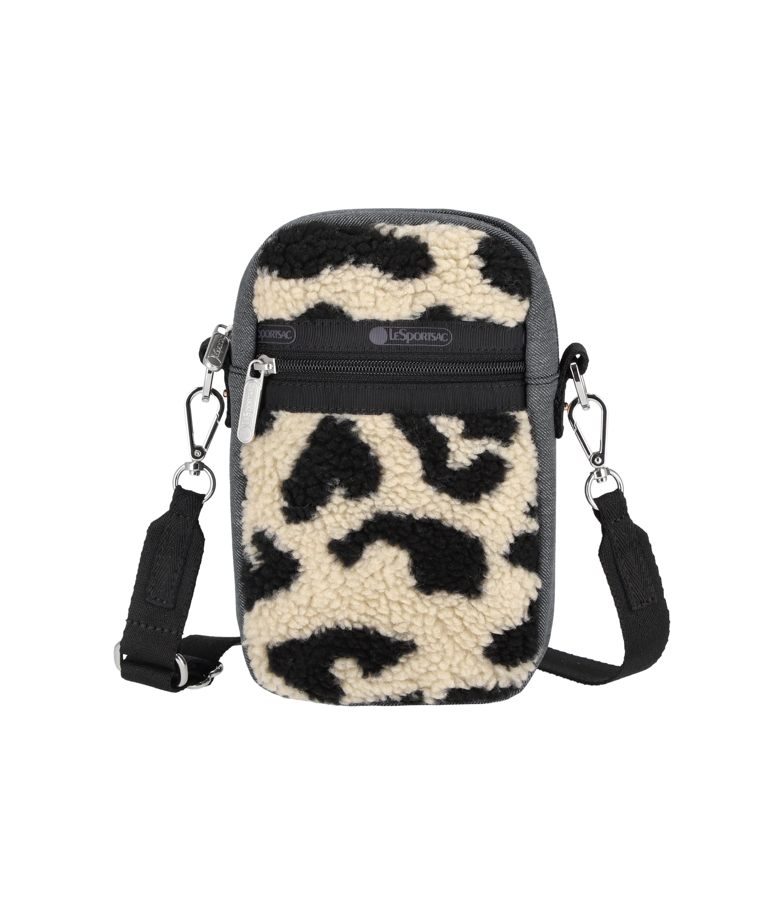 Lesportsac Denim Phone Crossbody Black Denim Leopard Sherpa